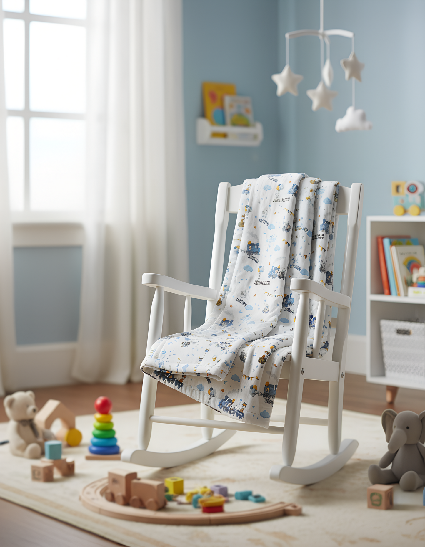 Turkish cotton baby blanket with train print displayed on nursery rocking chair