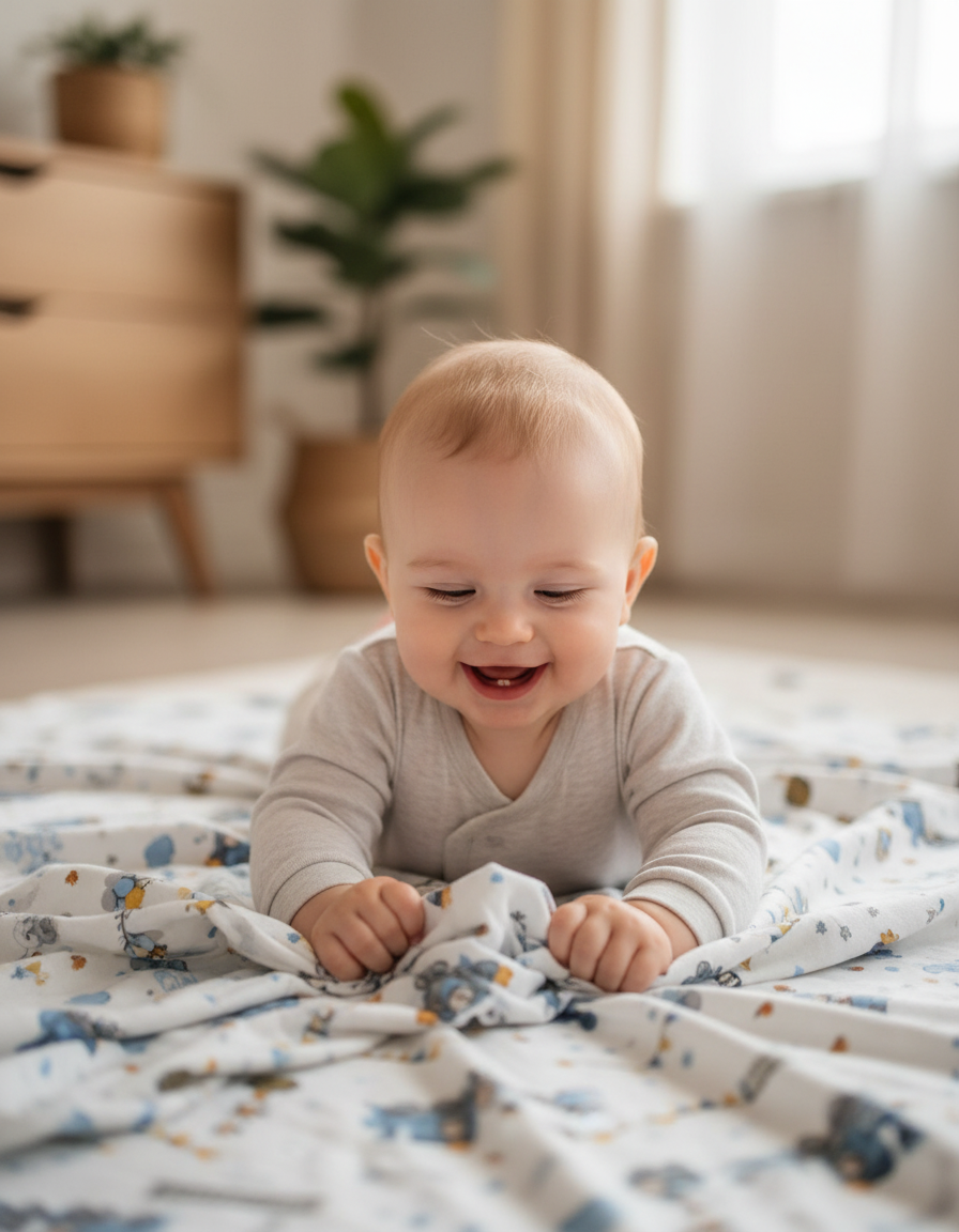 Baby lying on soft Turkish cotton baby blanket with train and cloud design