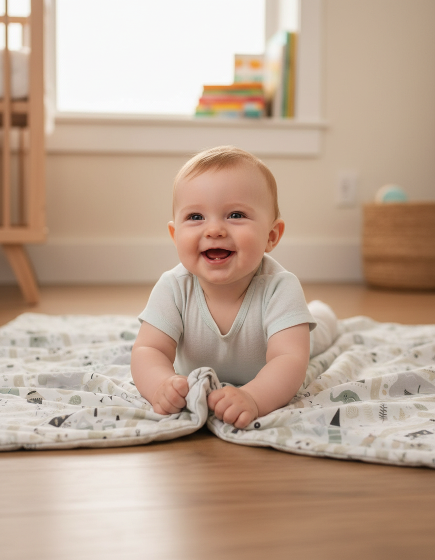 Baby lying on soft Turkish cotton baby blanket with gentle journey road pattern