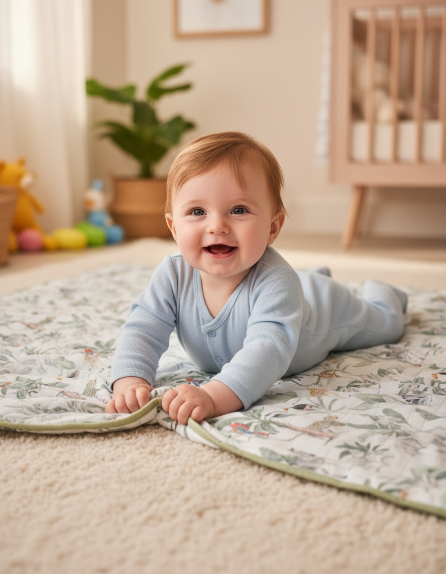 Baby lying on a soft Forest Friends Turkish cotton baby blanket