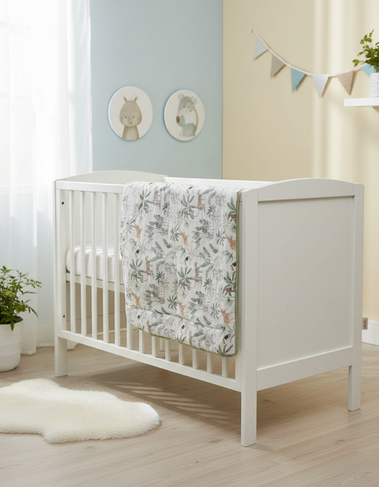 Forest Friends Turkish cotton baby blanket styled in a modern nursery crib