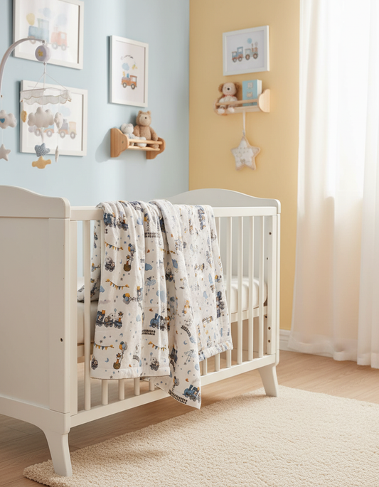 Turkish cotton baby blanket with train pattern draped over crib in a modern nursery