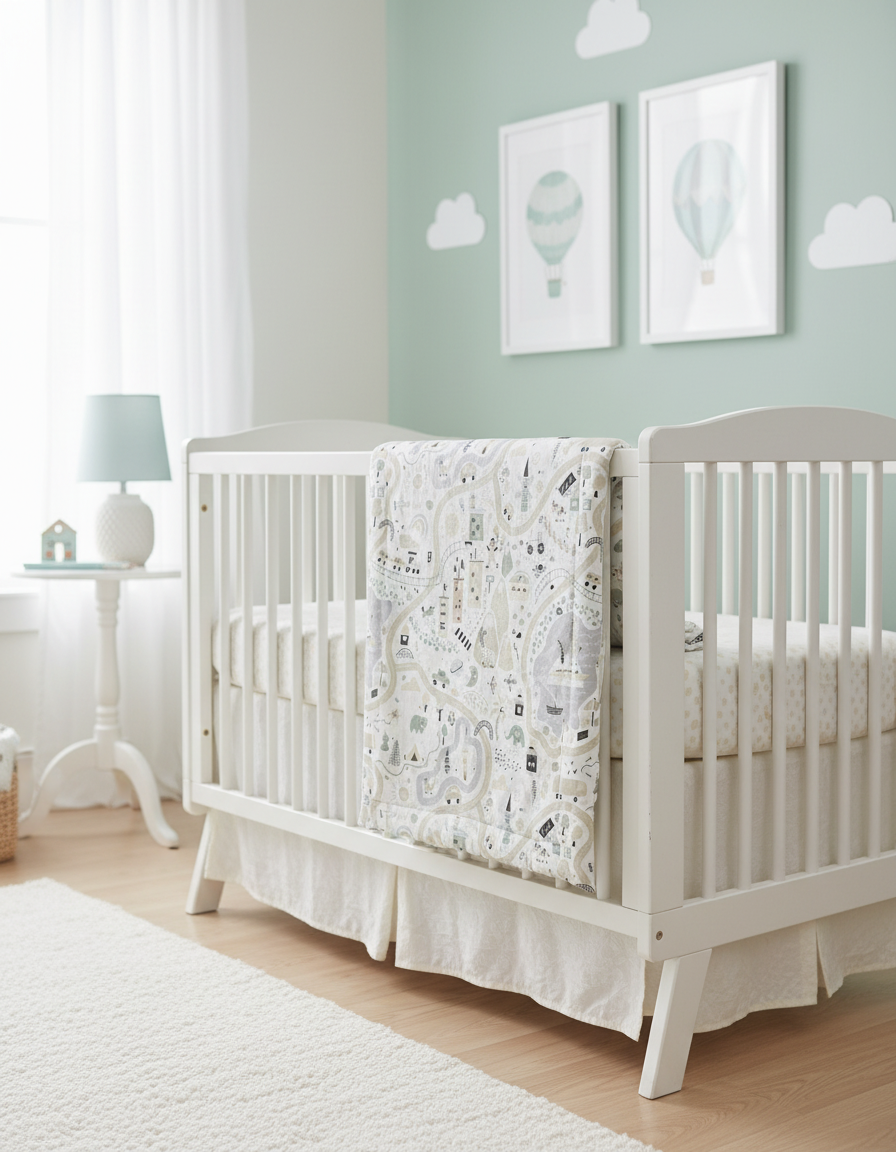 Sage green Turkish cotton baby blanket draped over crib in a calming nursery