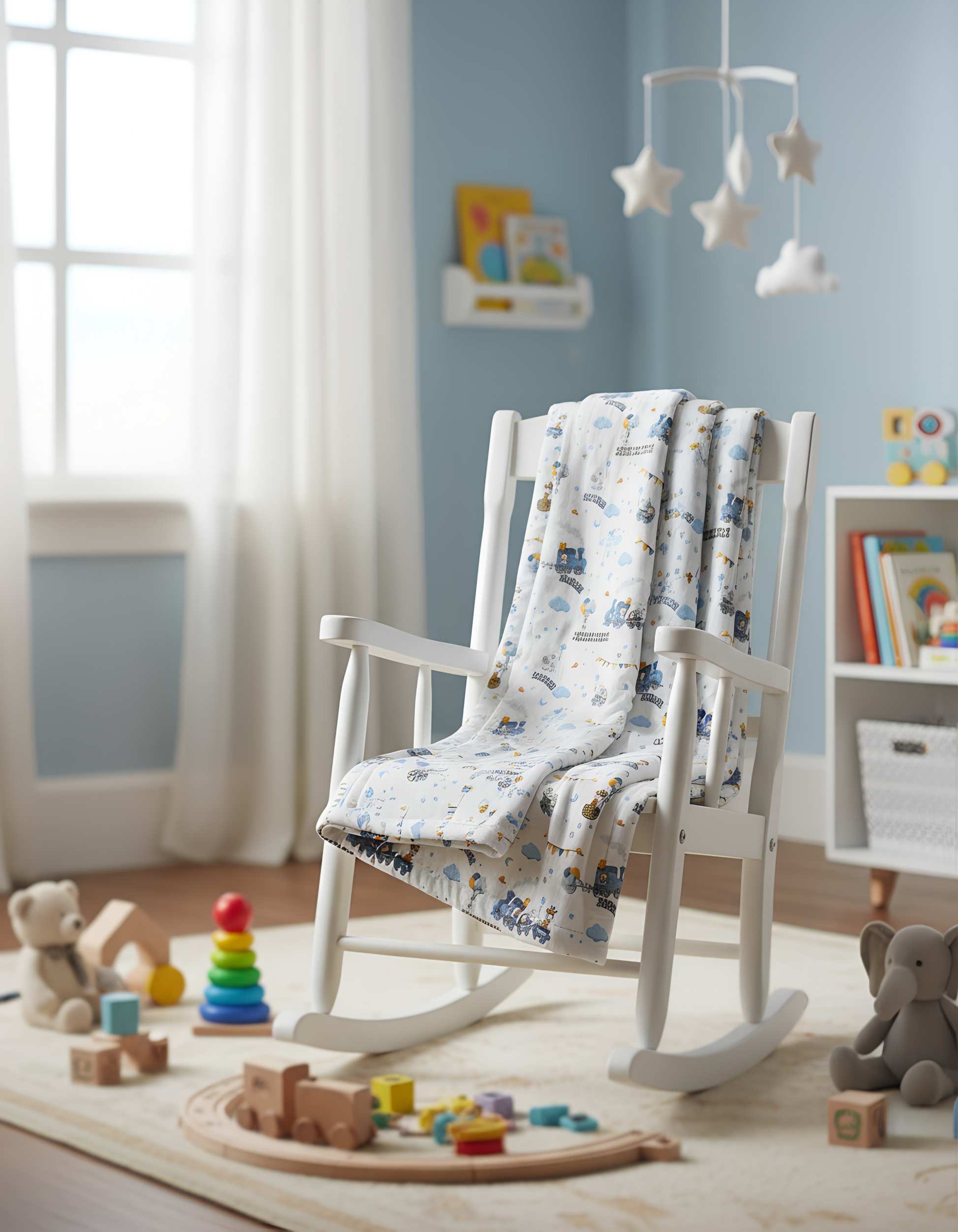 Turkish cotton baby blanket with train print displayed on nursery rocking chair