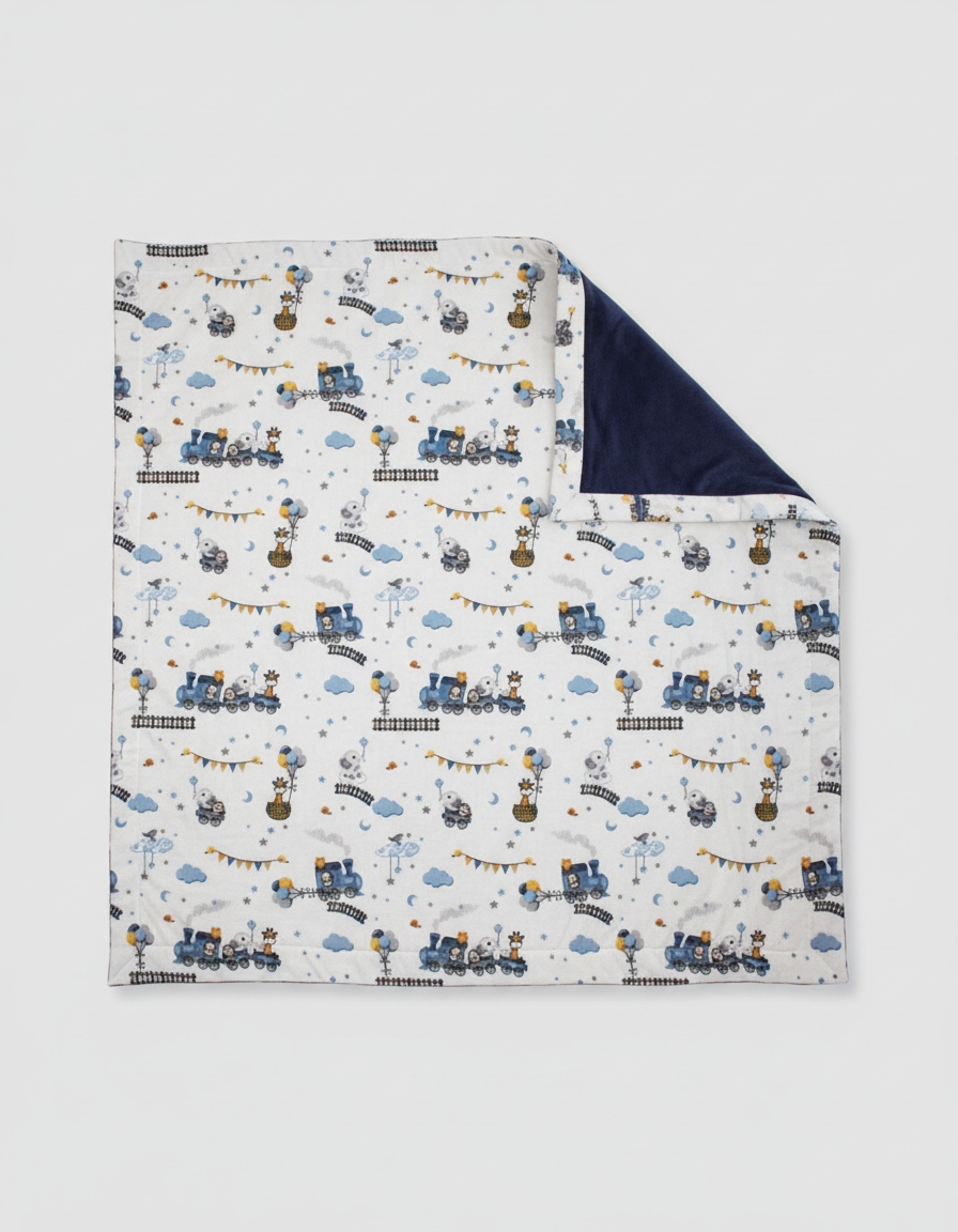 Little Explorer Turkish cotton baby blanket showing train pattern and soft lining